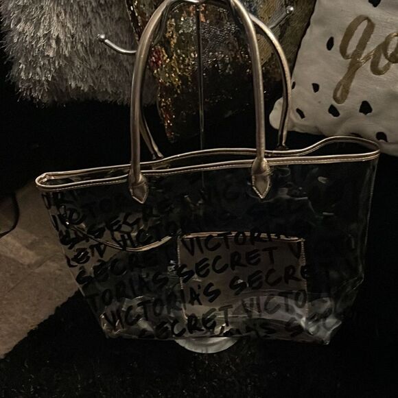 Victoria’s Secret vs clear Transparent logo Totebag purse pocketbook w/wristlet - Picture 3 of 7
